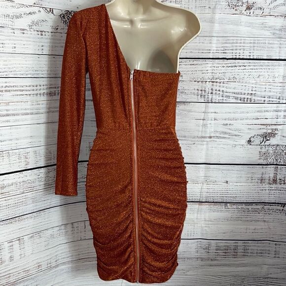 Abyss by abby Dress Womens Small one sleeve ruched back zipper Metallic Bodycon - Picture 8 of 14